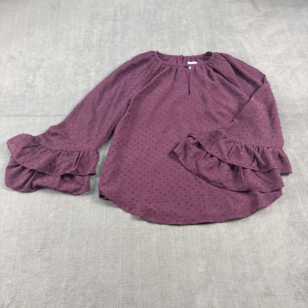 CeCe Burgundy With Dot Blouse Tiered Ruffle Sleeve Size small
